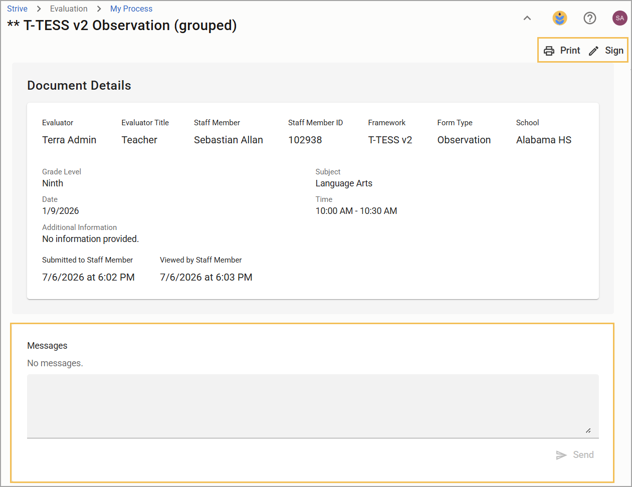 Document details for an observation including evaluator, staff member, and schedule.